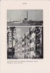 Stampa anni 50 architetto Alvar AALTO fabbrica di cellulosa e casetta a schiera SUNILA FINLANDIA - Foto 1 di 1