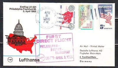 United States 1965 First flight cover Ersftlug Philadelphia Boston Frankfurt  - Image 1 of 2
