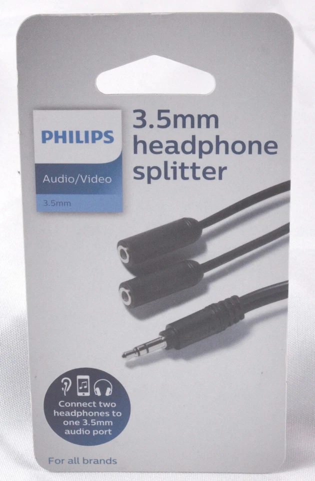 Philips 3.5 Mm Headphone Splitter Connects 2 Headphones to One 3.5mm Audio Port