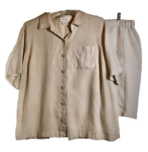 Coldwater Creek Women's 1X Linen Short Set Light Taupe Top and Shorts