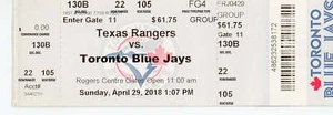Texas Rangers vs. Toronto Blue Jays Ticket Stub Rogers Centre (Toronto, 2018) - Picture 1 of 1