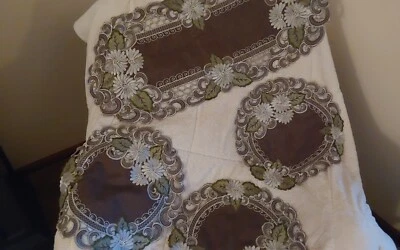 BROWN LINENS  WITH WHITE EMBROIDERED FLORAL/LEAVES - Image 1 of 4