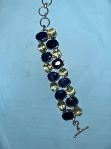 Sterling Silver 925 Bracelet Faceted Lapis Lazuli Citrine Gemstone Toggle 8.5" - Picture 1 of 11