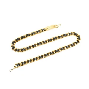 CHANEL Logo Black Leather Chain Belt 35" Gold Tone Auth #17937 - Picture 1 of 5