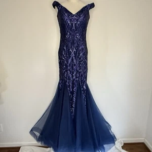 Ava Presley Prom Formal Dress Navy Blue With Purple Sequin Mermaid Style Size 10 - Picture 1 of 10