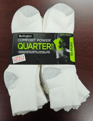 10-pk Burlington Men's Quarter Top Durable Cushioned Socks Shoe Size 6-12 White - Image 1 of 3