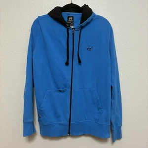VTG Y2K RAD by Rusty Joey B Blue Zip Up Hoodie Black Hood Size L - Picture 1 of 10