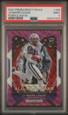 2021 Panini Prizm Draft Picks Ja'Marr Chase Purple Wave #185 Rookie PSA 9 Mint - Image 1 of 2