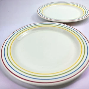 2er Set Vintage Regenbogenstreifen Lunchteller Keramik rot blau gelb grün Ringe - Bild 1 von 8