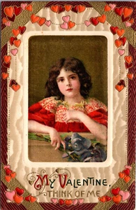 VALENTINE'S DAY - GIRL & FLOWERS & HEARTS - SILK EMBOSSED POSTCARD - Picture 1 of 2