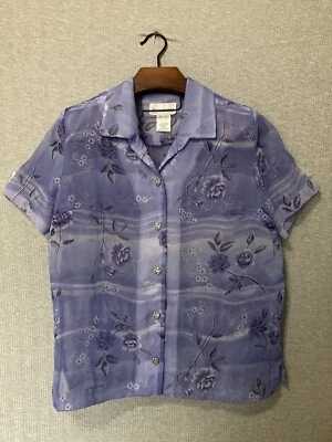 Blusa transparente para mujer Miss Dorby azul floral con botones manga corta talla 14 Foto 1 de 4
