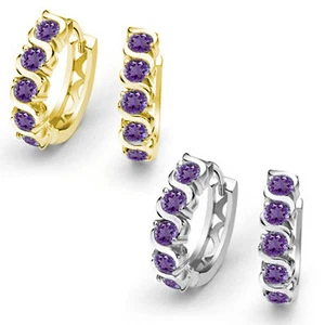 14K Solid White Gold Prong Setting Sparkle Amethyst Wave Huggie Drop Earrings - Picture 1 of 3