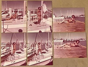 6 VTG 1970s COLOR PHOTOS 5x7 Snapshots Female SWIMSUIT SAILBOAT Bikini Model - Picture 1 of 14