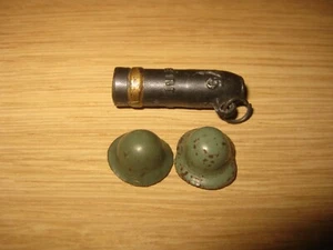 WW1 MINIATURE ENGLISH BRITISH BOMB SHELL PATRIOTIC METAL 2 HELMETS - Picture 1 of 6