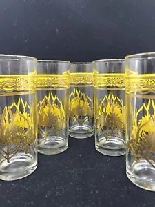 Vintage Glass Tumblers Gold Flowers Leaves Mid Century Barware Set of 5 - Picture 1 of 5