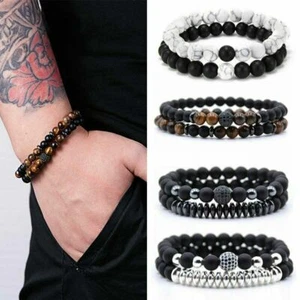 2pcs Fashion Tiger Eye Natural Stone Beads Bracelet Men Women Couples Jewelry - Picture 1 of 19