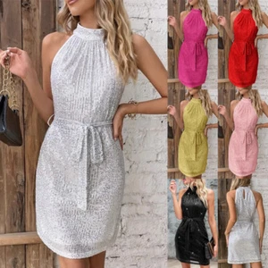 Ladies Sequins Glitter Summer Bodycon Mini Dress Party Halter Neck Belt Dresses - Picture 1 of 22