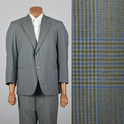 中号 20 世纪 60 年代格子套装绿色和蓝色复古平底前裤可调口袋 — 第 1/4 张图片