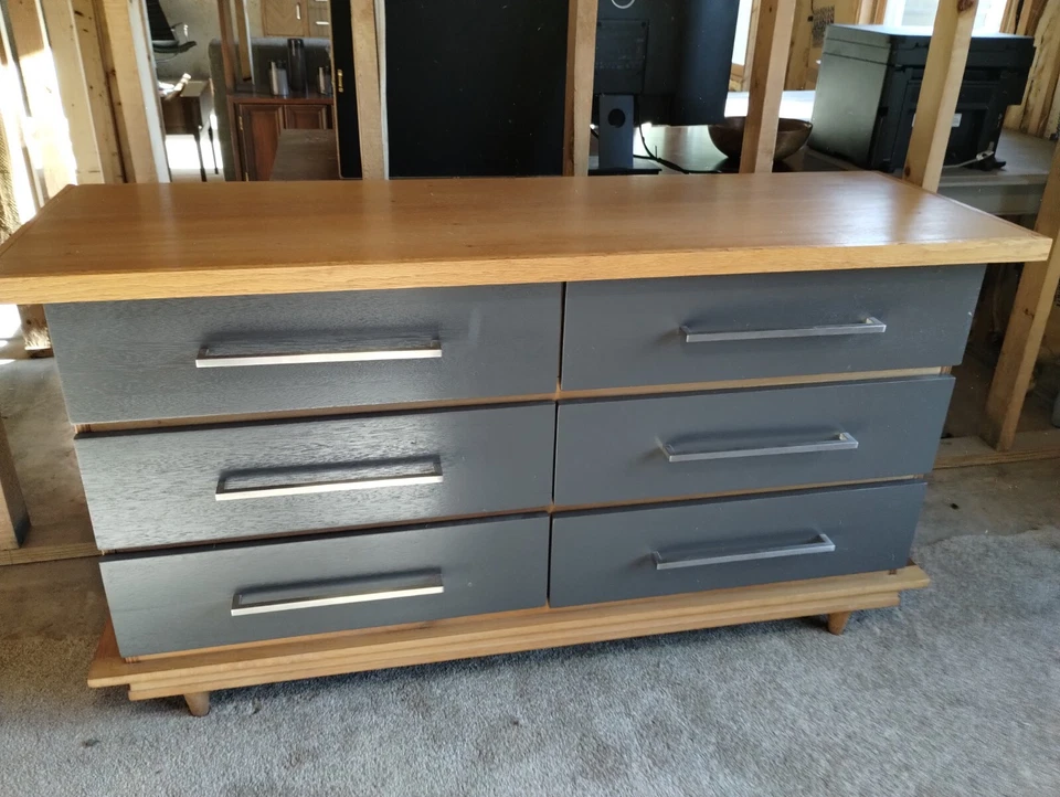 Mid Century 50's-60's Blonde Wood Dresser Grey Drawers SS Pulls Restored Ex Cond - Image 1 of 4
