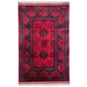 Alfombra afgana de lana belga de fina calidad Bokhara roja hecha a mano (2'8" x 4'0") - Imagen 1 de 9