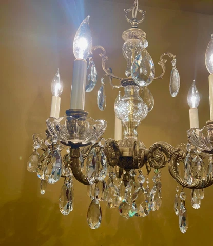 Vintage Lighting 1960s Hollywood Regency brass crystal chandelier Cover