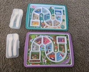 Children's 2 Plastic Sectioned Dinner Plates & 2 Fork/Spoon Sets With Case EUC - Picture 1 of 5