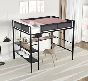 Full Size Loft Bed Metal Bed Frame with Desk & Storage Shelves & Ladders Black - Picture 1 of 15