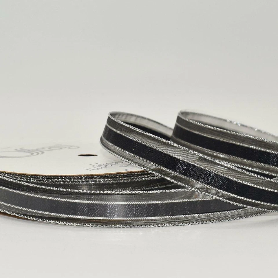 25 Yards Black Silver Metallic Edge Satin Sheer Ribbon 5/8"W - Image 1 of 1