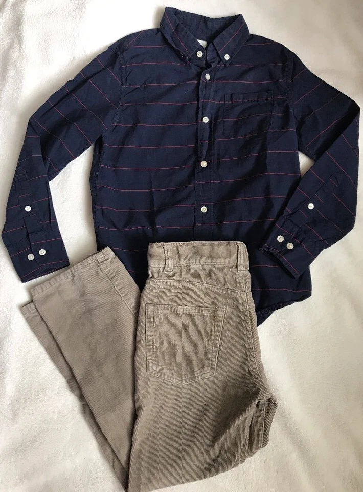 CREWCUTS Niños 7 8 Usado en Excelente Condición Conjunto Azul Marino Camisa Con Botones Tostado Pana Pantalones Jeans Foto 1 de 4