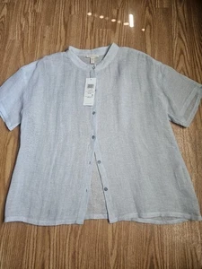 Eileen Fisher Organic Linen Top XS Blue Sky Lightweight NWT Button Down Blouse - Picture 1 of 8