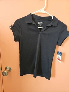 NWT Izod Girls Size Medium (10/12) Navy School Uniform Polo Shirt Bows Sleeves - Picture 1 of 6