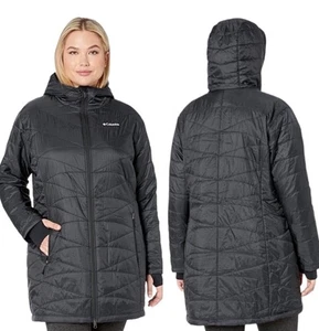Columbia Omni-Heat Long Lightweight Puffer Coat 3X Black Hooded Winter Jacket - Picture 1 of 11