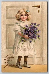 Gems Of Love Postcard 1908 Small Girl Holding Forget Me Nots Bouquet Embossed - Picture 1 of 3