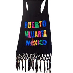 Senda G Vintage Puerto Vallarta Mexico Black Colorful Tank XXL Cropped Beaded - Picture 1 of 8