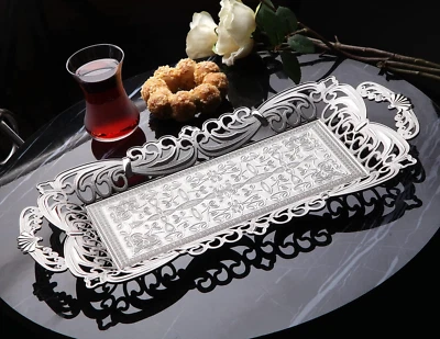 Turkish Tea Coffee Serving Tray with Handles Ottoman Decorative (Silver) - Image 1 of 4