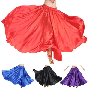 Womens Satin Skirts Full Circle Flowy Skirt Elastic Waist Belly Dance Tribal - Picture 1 of 35