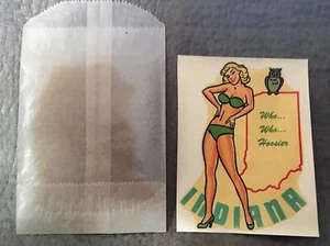 INDIANA IN PIN-UP GIRLIE SOUVENIR 1950's~ PAPER DECAL W/ ORIG WAX BAG~RISQUE - Picture 1 of 4