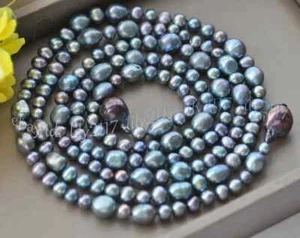 7-8mm 9-10mm Round Baroque Peacock Black Freshwater Keshi Pearl Scarf Necklace - Picture 1 of 13