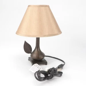 Pottery Barn Bronzed Accent Lamp With Tan/Cream Silk Shade Leaf Design  15" - Picture 1 of 5