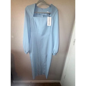 NWT ELÁGIA Dress Womens Medium Light Blue Long Sleeve Square Neckline Midi Chic - Picture 1 of 4