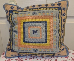 Vintage 1977 Hand-Stitched Needlepoint Pillow – Monogram “M”, Signed & Dated - Picture 1 of 10