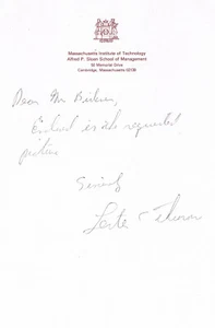 Lester C. Thurow 1938-2016 autograph note signed 5.5"x8" MIT letterhead economis - Picture 1 of 1