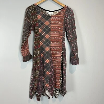 Sacred Threads Long Sleeve Dress Muted Mixed Print Zig Zag Hemline Size Medium - Image 1 of 4