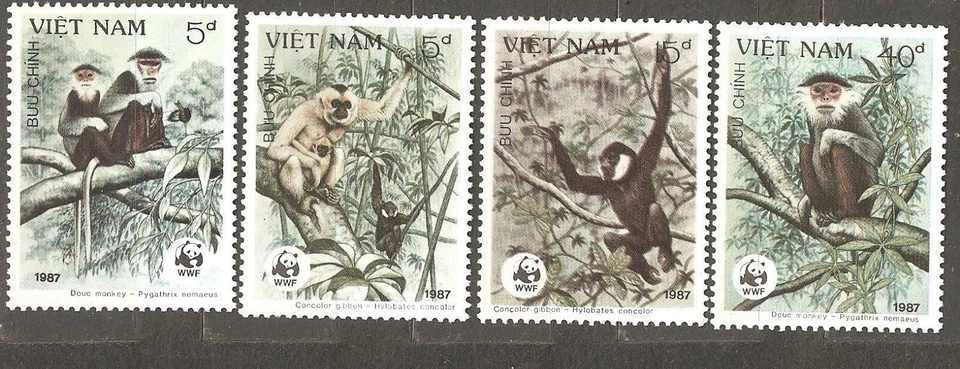 Vietnam: Juego completo de 4 sellos como nuevos, WWF-Monos, 1987, Mi#1827-30, MNH Foto 1 de 1