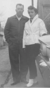 3F Photograph 1958 Cute Couple Handsome Man Beautiful Woman Front Old Car 1950s - Picture 1 of 4