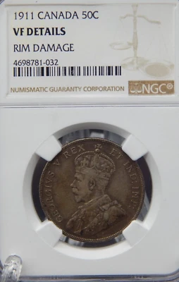 1911 NGC VF DETAILS Canada 50 CENT rim damage #BT-118 - Image 1 of 4