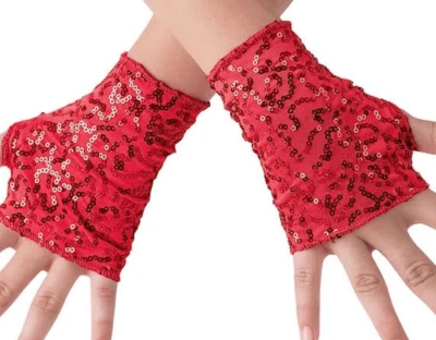 Balera Dancewear Costume Half Gloves Performance Fingerless Sequins Spandex Red - Image 1 of 2