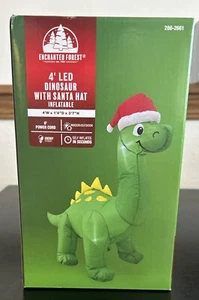 4' grüne Dinosaurier mit Nikolausmütze aufblasbar LED verzauberter Wald Weihnachtsdeko - Bild 1 von 4