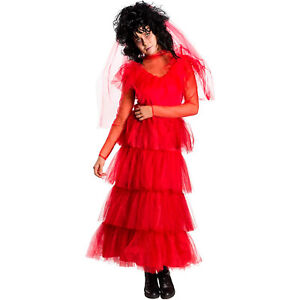 Womens Beetlejuice Lydia Deetz Bride Halloween Costume Red Dress Veil S M L