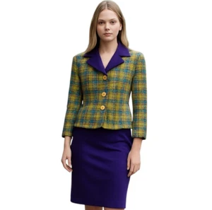 Set completo gonna Sandra Ow-Wing NRL VINTAGE verde viola tweed misto lana taglia 10 - Foto 1 di 23